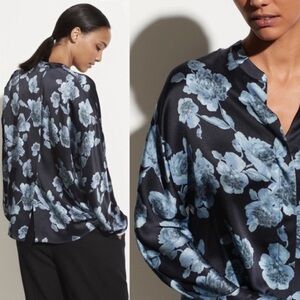Vince Tapestry Floral Silk Popover Top Blue Black